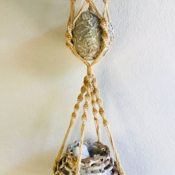 Macreme double plant holder hanger twist design natural boho rustic decor - Picture 3 of 5